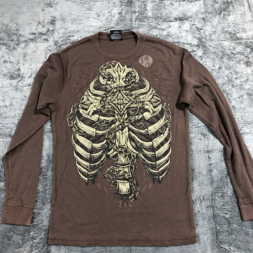 MMA Elite Thermal Shirt Kids Medium Brown Skeleton Wings Graphic Long Sleeve